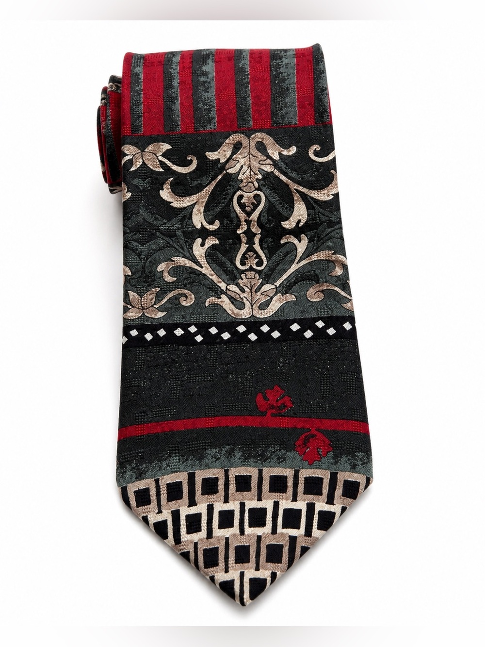 Vintage Oscar de la Renta 100% Silk Tie Red Black Baroque Geometric Classic 59”